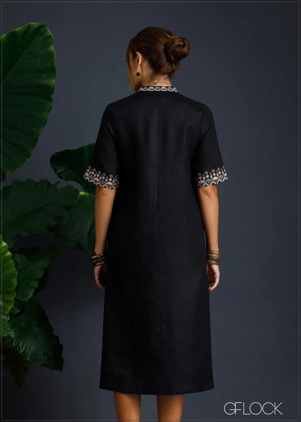100% Genuine Linen Embroidered Slit Dress - 080124