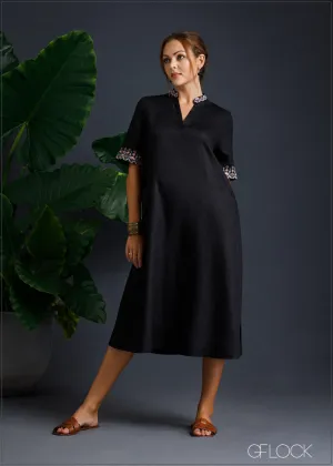 100% Genuine Linen Embroidered Slit Dress - 080124