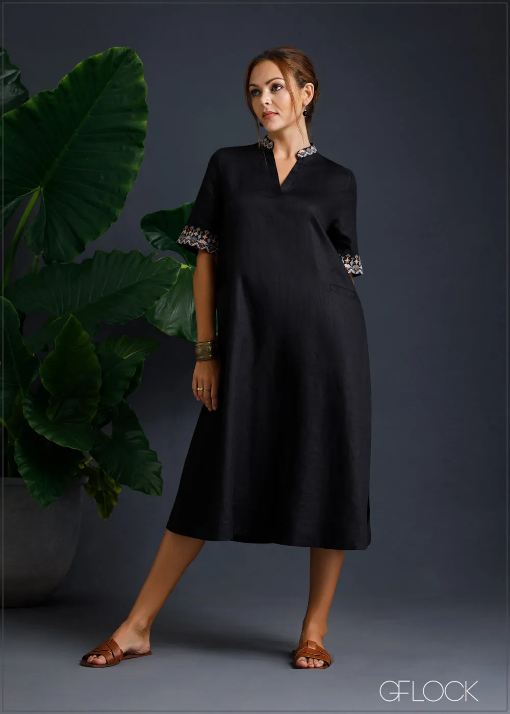 100% Genuine Linen Embroidered Slit Dress - 080124