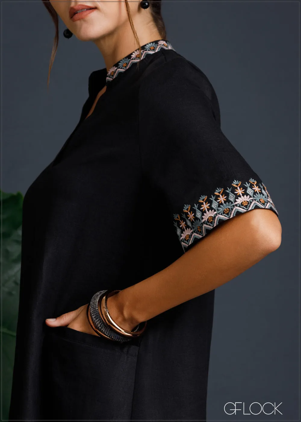 100% Genuine Linen Embroidered Slit Dress - 080124