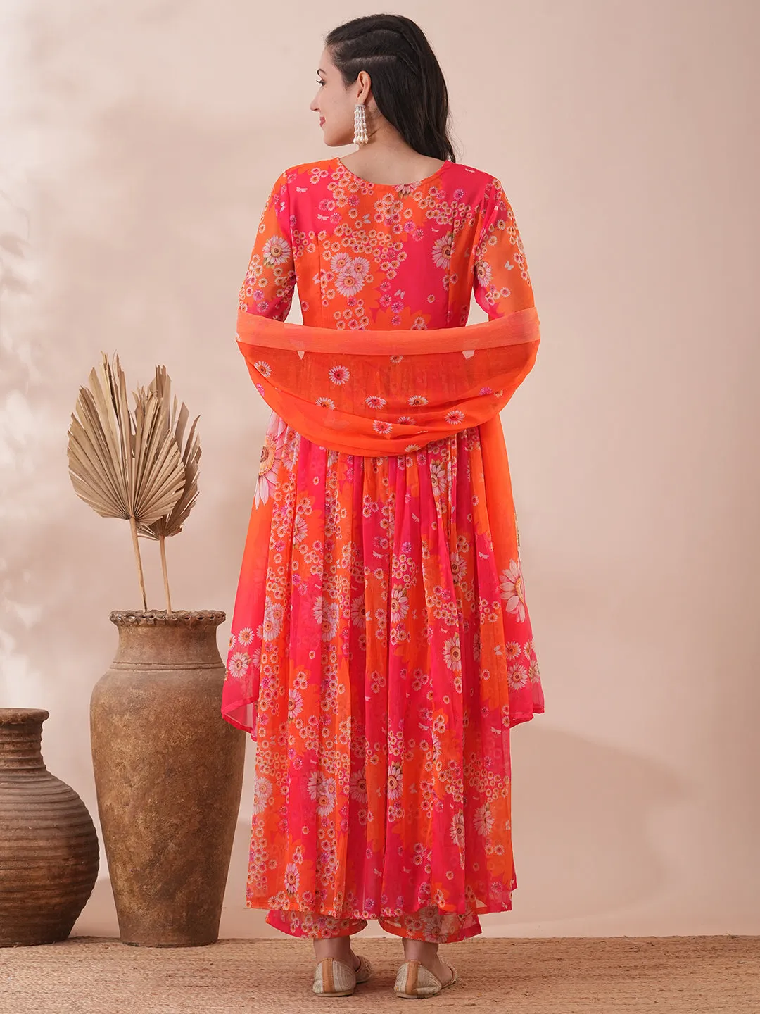 Abstract Floral Printed A-Line Pleated Kurta with Palazzo & Dupatta - Multi