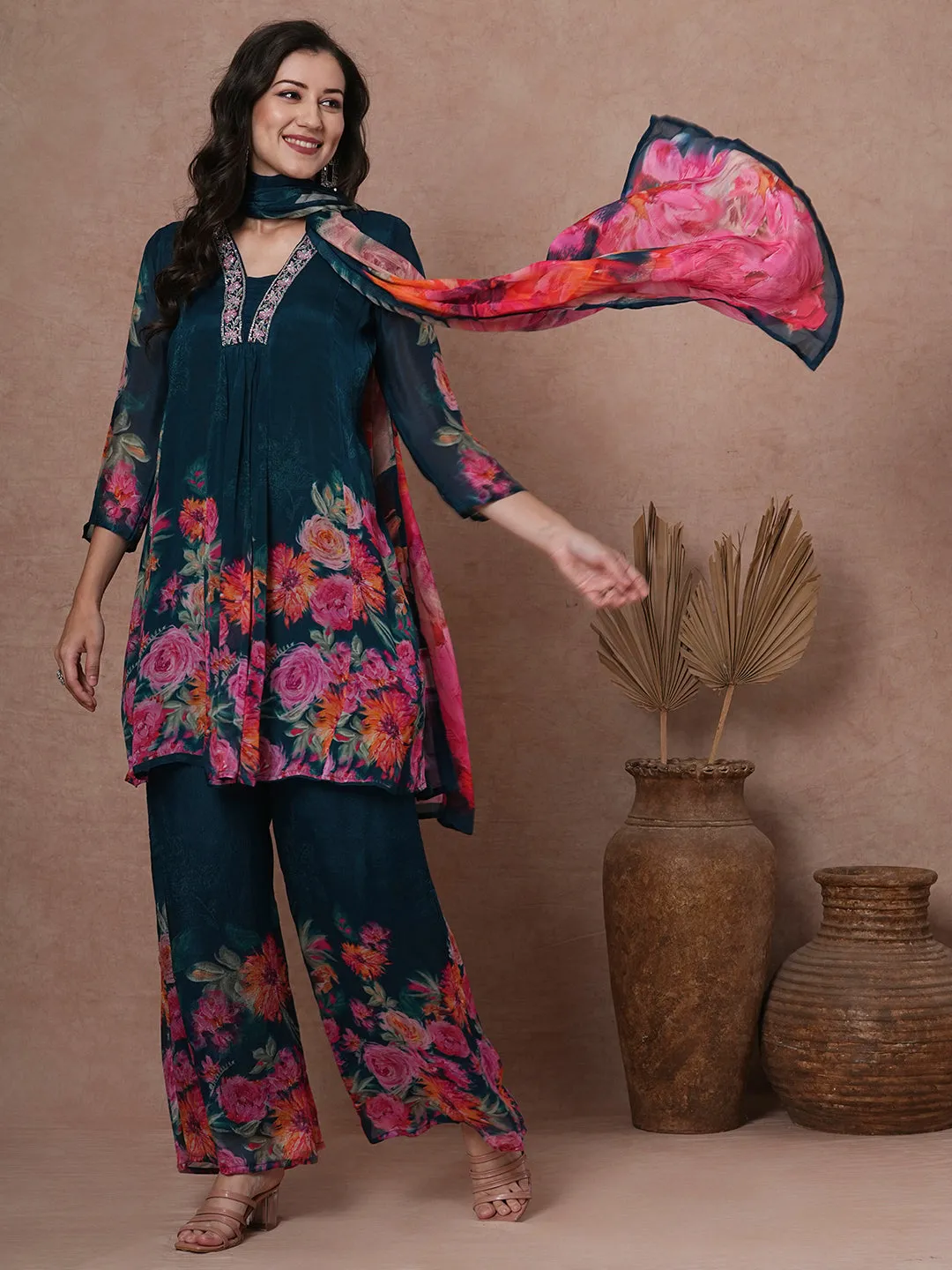 Abstract Floral Printed & Embroidered A-Line Paneled Kurta with Palazzo & Dupatta - Teal