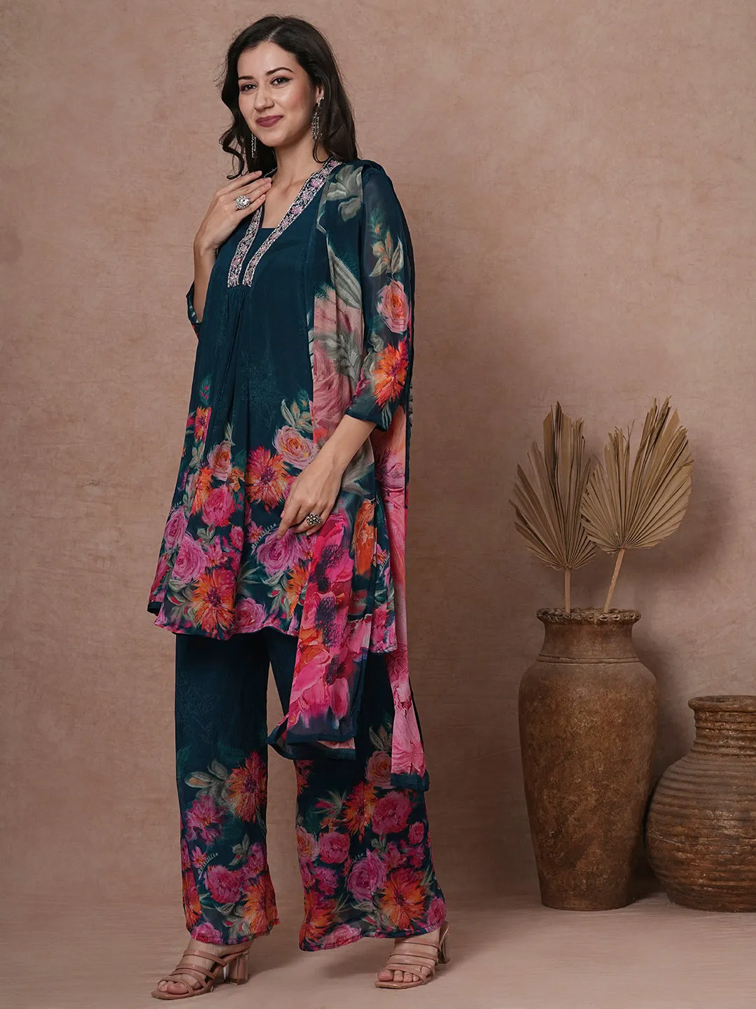 Abstract Floral Printed & Embroidered A-Line Paneled Kurta with Palazzo & Dupatta - Teal