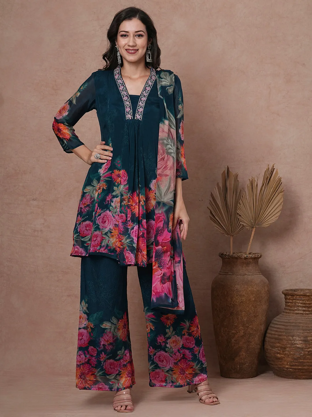 Abstract Floral Printed & Embroidered A-Line Paneled Kurta with Palazzo & Dupatta - Teal