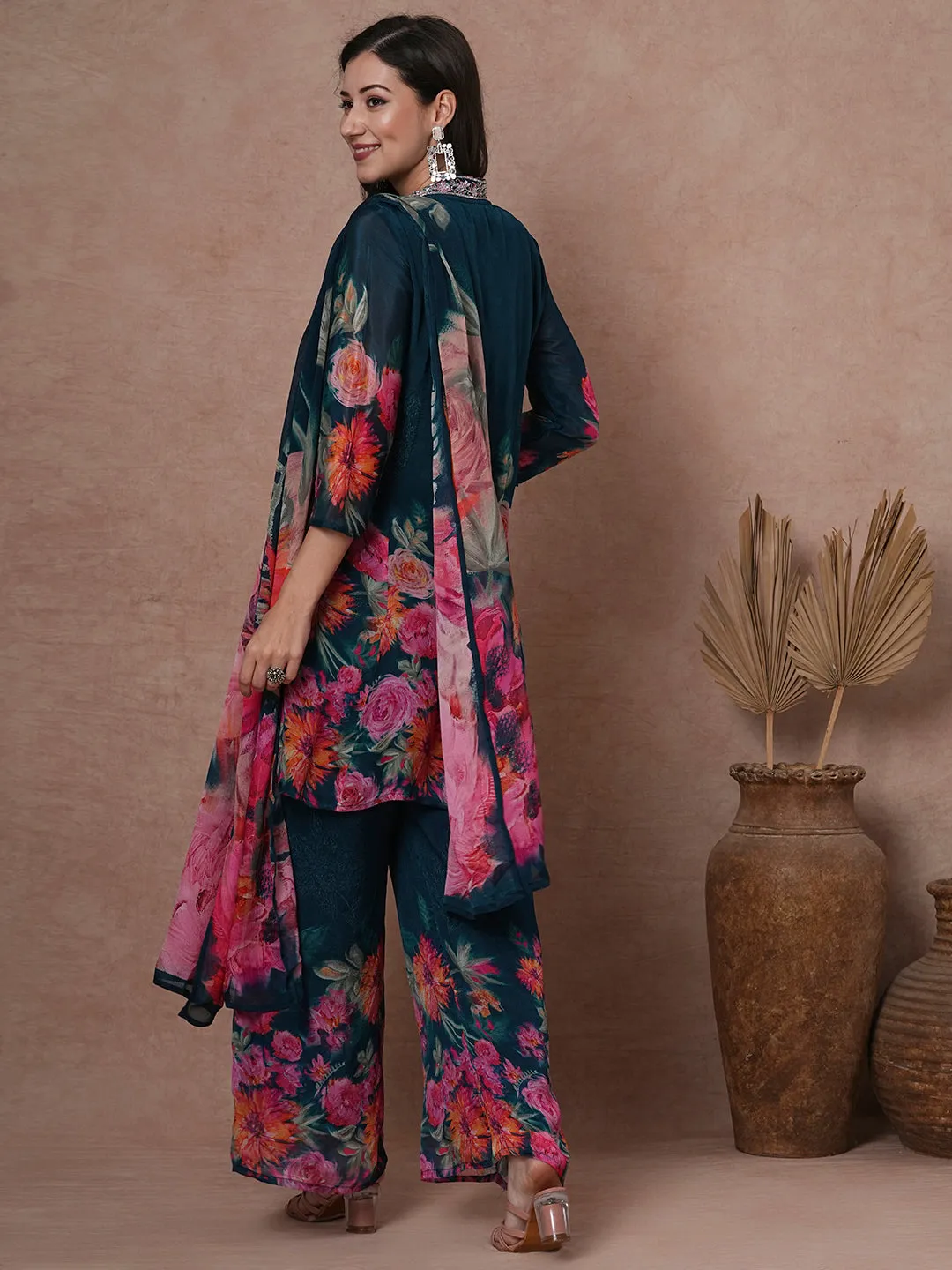 Abstract Floral Printed & Embroidered A-Line Paneled Kurta with Palazzo & Dupatta - Teal