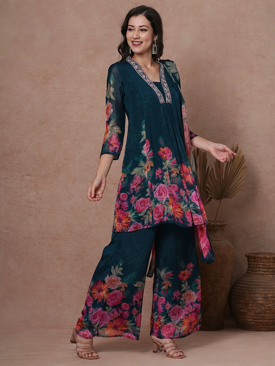 Abstract Floral Printed & Embroidered A-Line Paneled Kurta with Palazzo & Dupatta - Teal