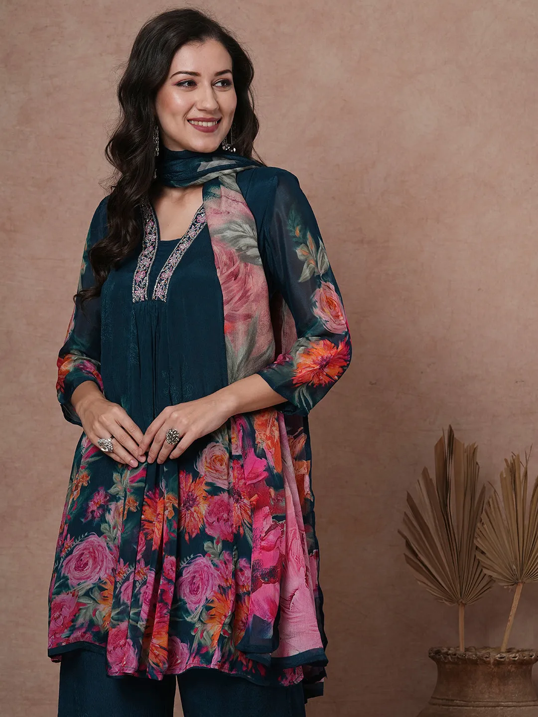 Abstract Floral Printed & Embroidered A-Line Paneled Kurta with Palazzo & Dupatta - Teal