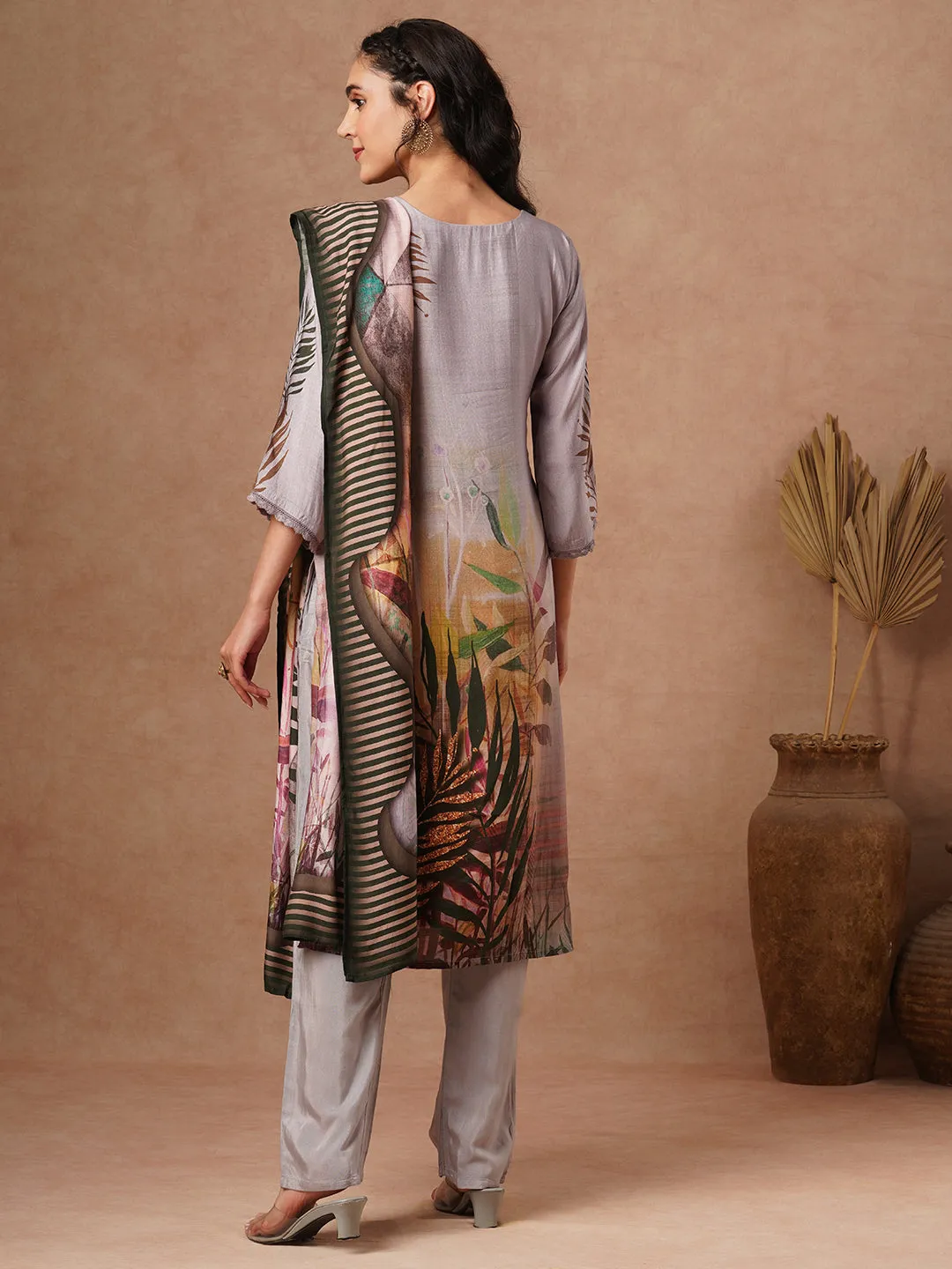 Abstract Floral Printed & Embroidered Straight Fit Kurta with Pant and Dupatta - Grey