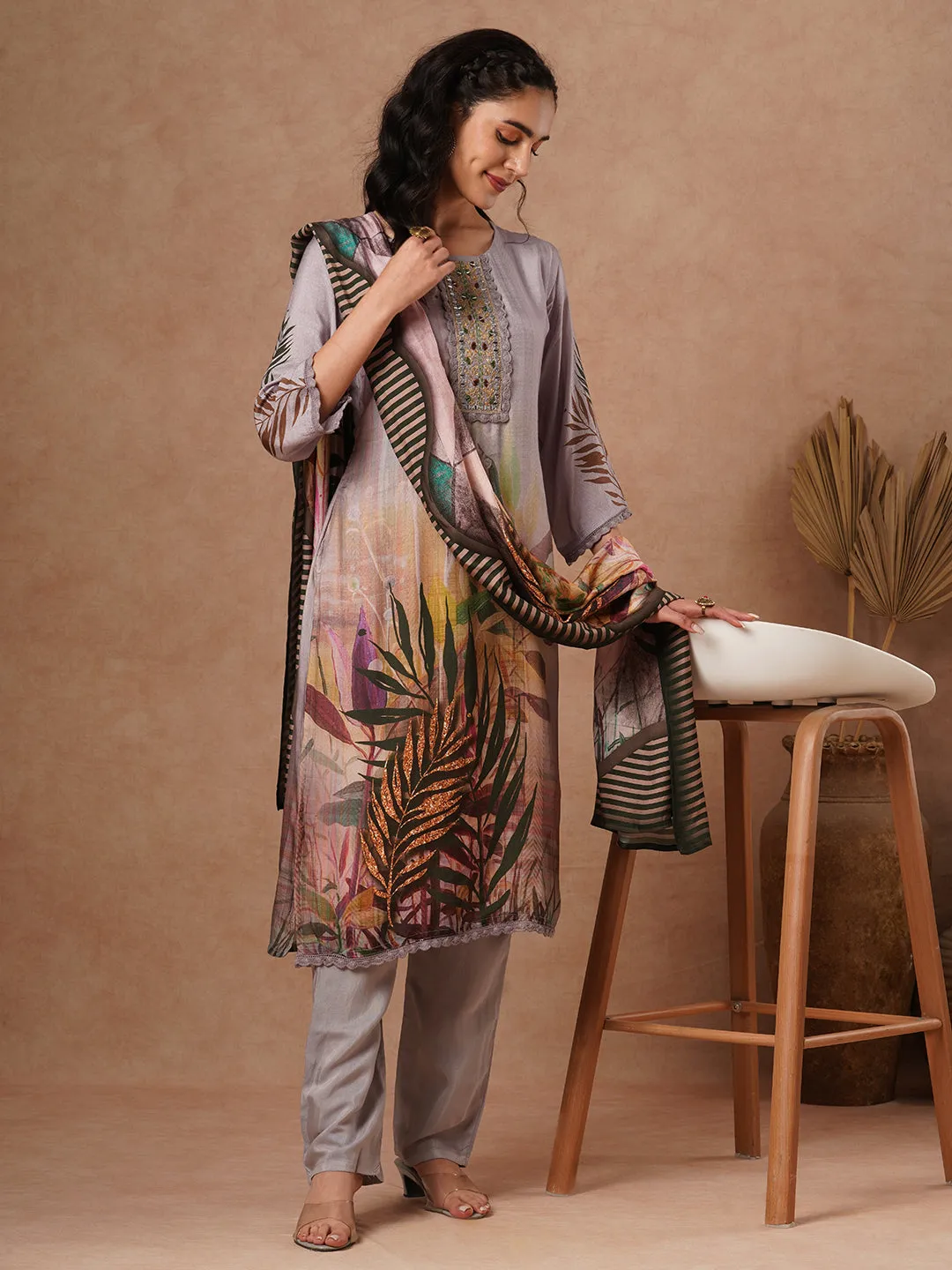 Abstract Floral Printed & Embroidered Straight Fit Kurta with Pant and Dupatta - Grey