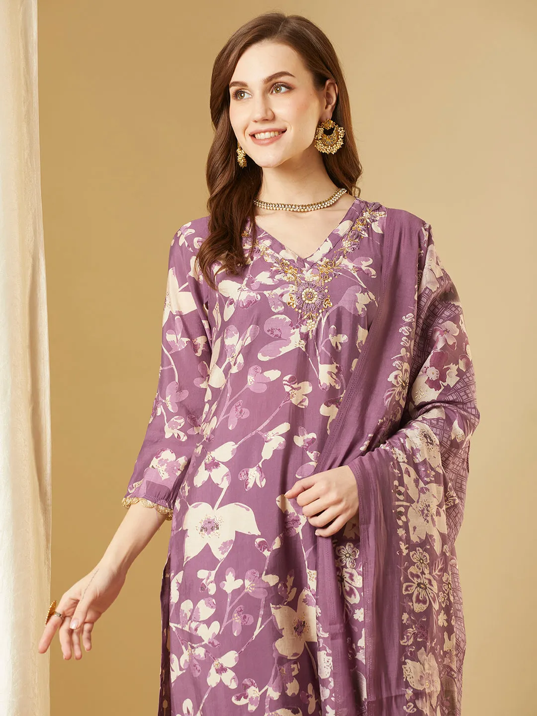 Abstract Floral Printed & Embroidered Straight Kurta with Pant & Dupatta - Purple