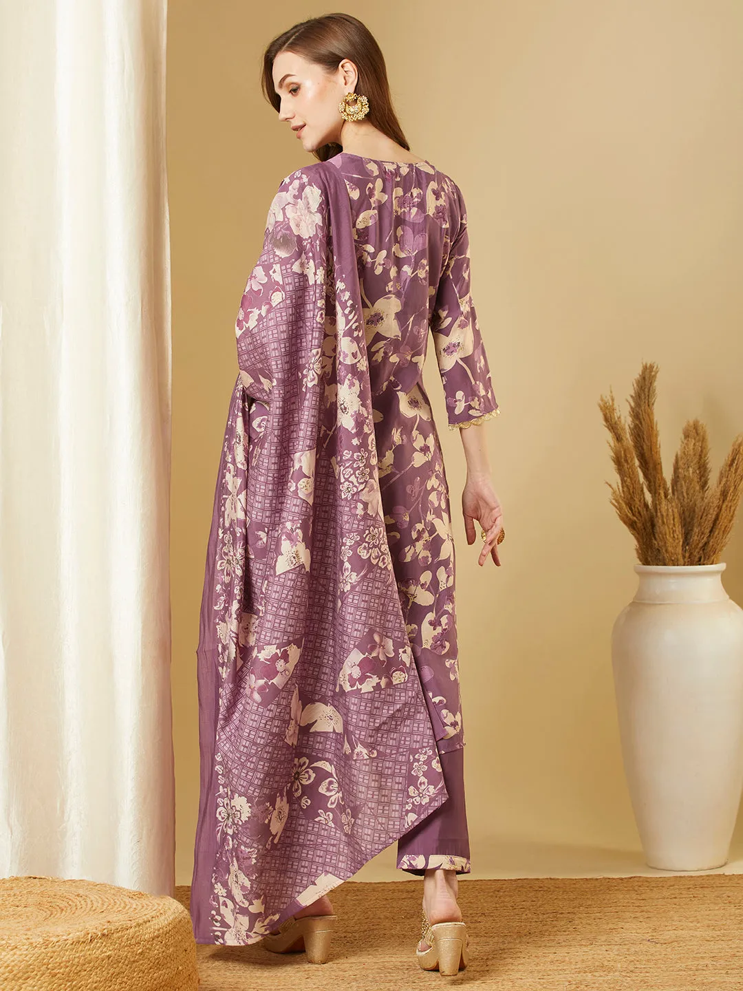 Abstract Floral Printed & Embroidered Straight Kurta with Pant & Dupatta - Purple