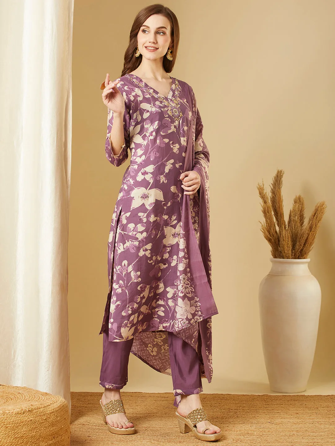 Abstract Floral Printed & Embroidered Straight Kurta with Pant & Dupatta - Purple