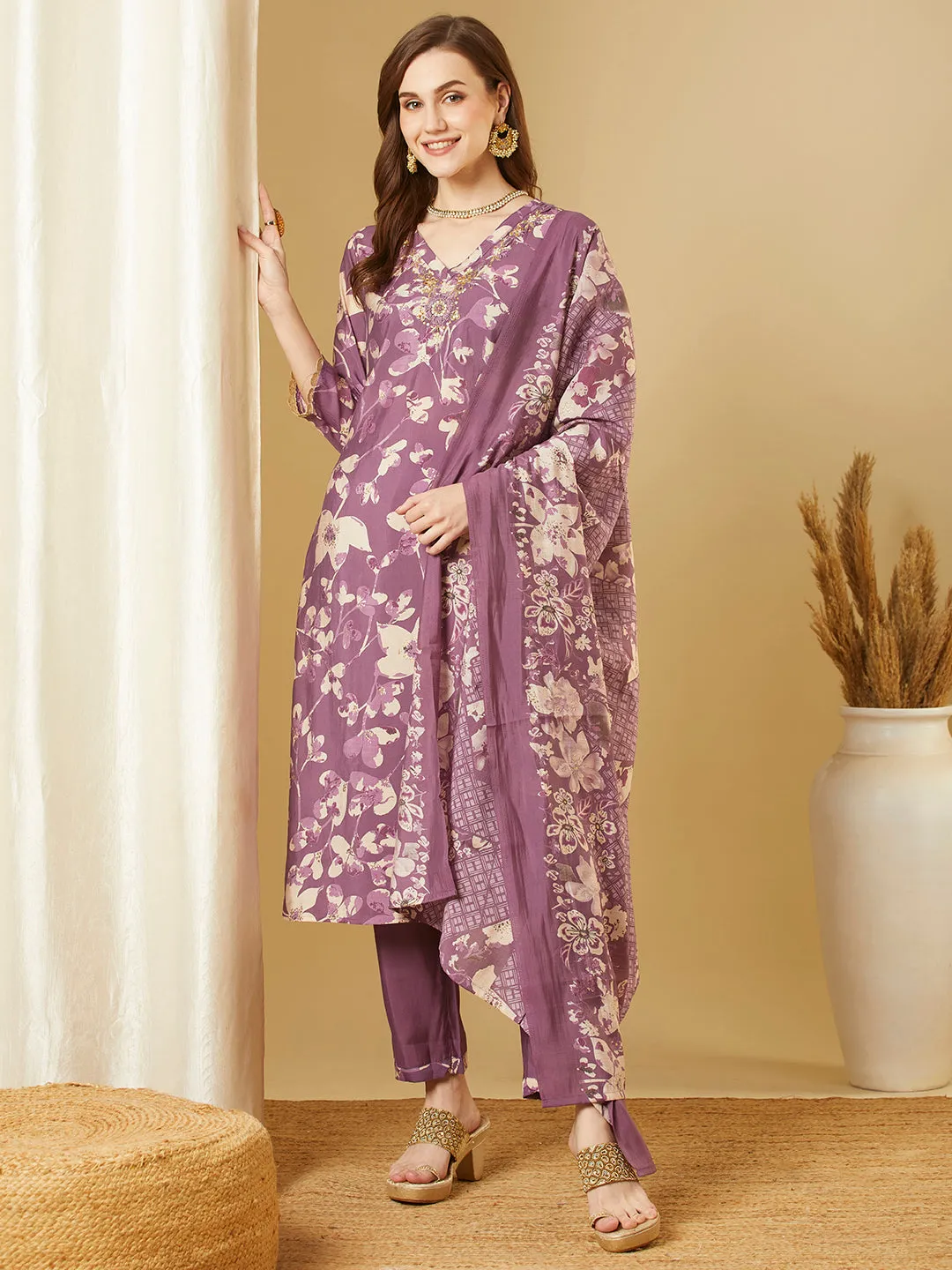 Abstract Floral Printed & Embroidered Straight Kurta with Pant & Dupatta - Purple