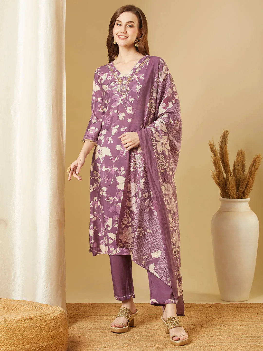 Abstract Floral Printed & Embroidered Straight Kurta with Pant & Dupatta - Purple