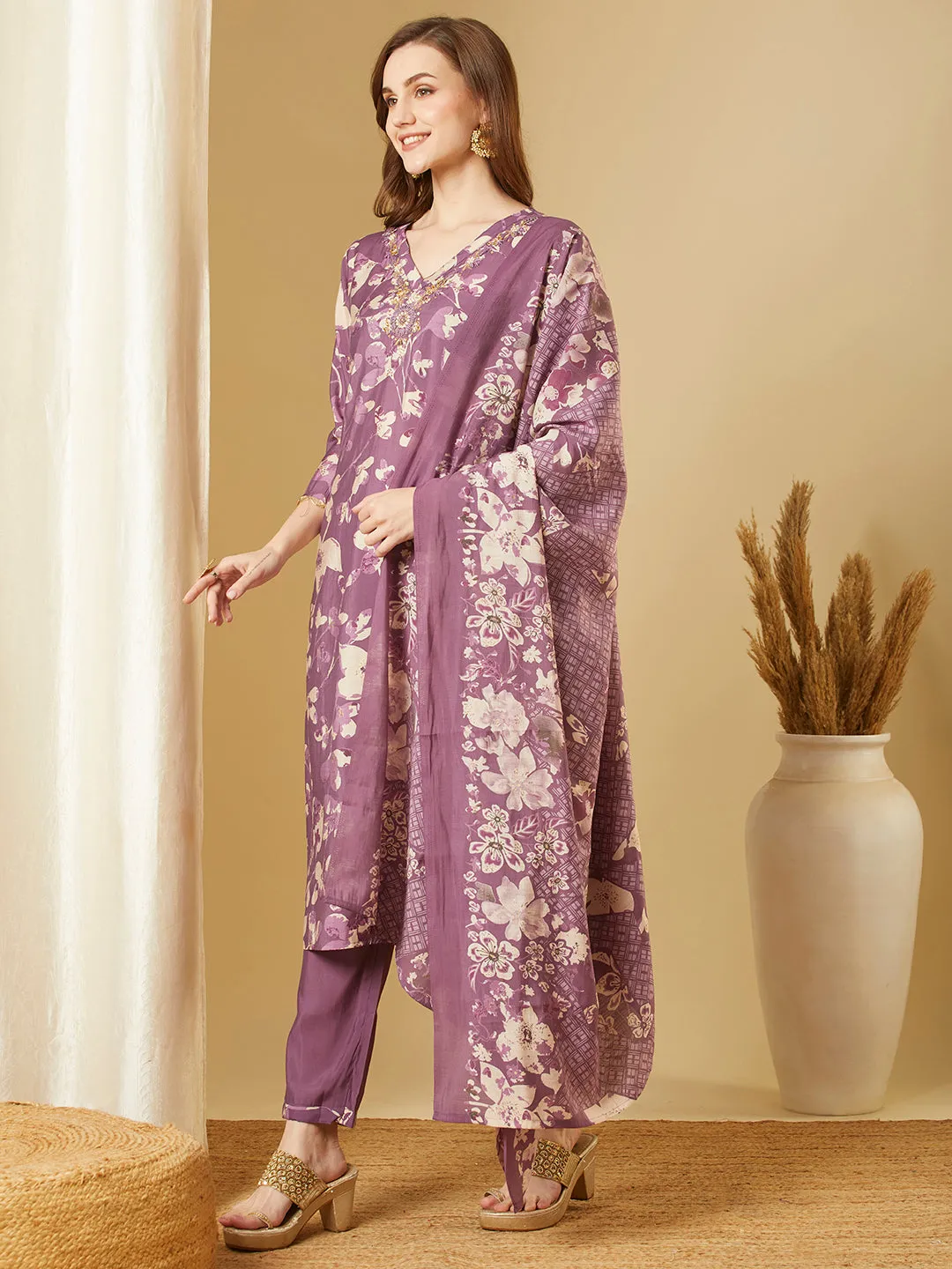 Abstract Floral Printed & Embroidered Straight Kurta with Pant & Dupatta - Purple