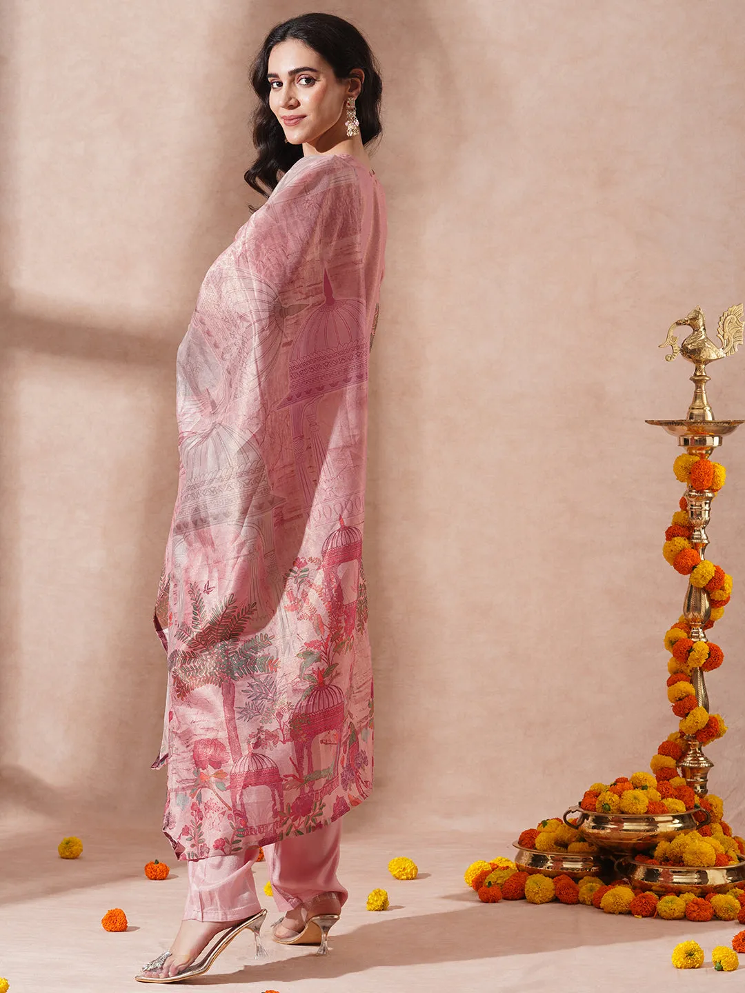 Abstract Floral Printed & Hand Embroidered Straight Kurta with Pant & Dupatta - Pink