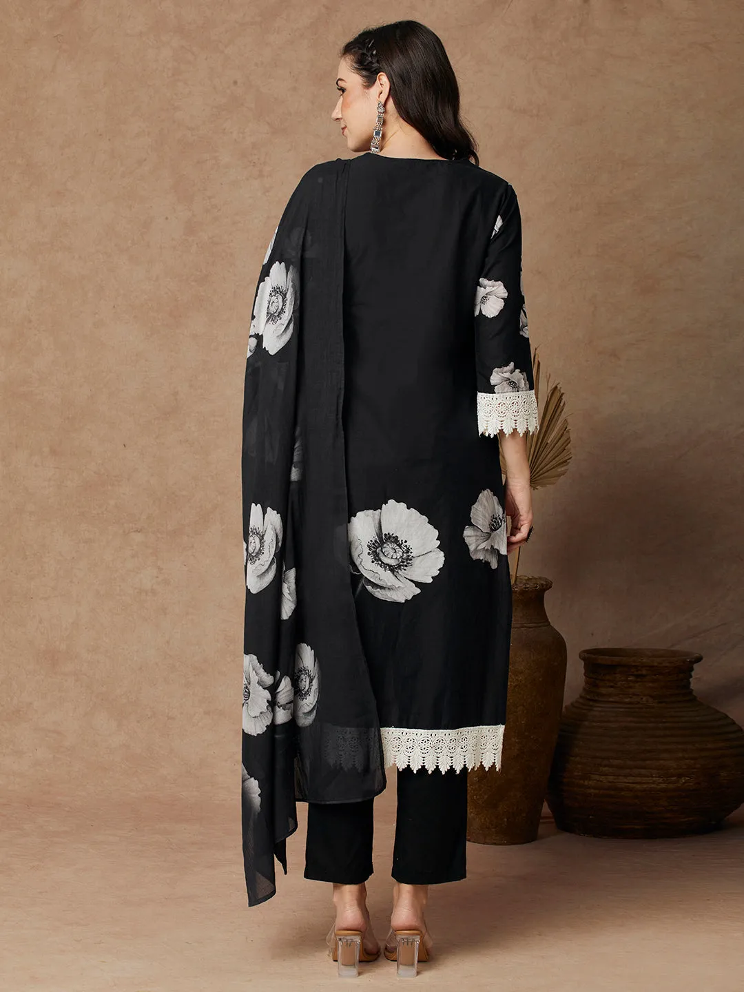 Abstract Floral Printed Straight Fit Kurta with Pant & Dupatta - Black