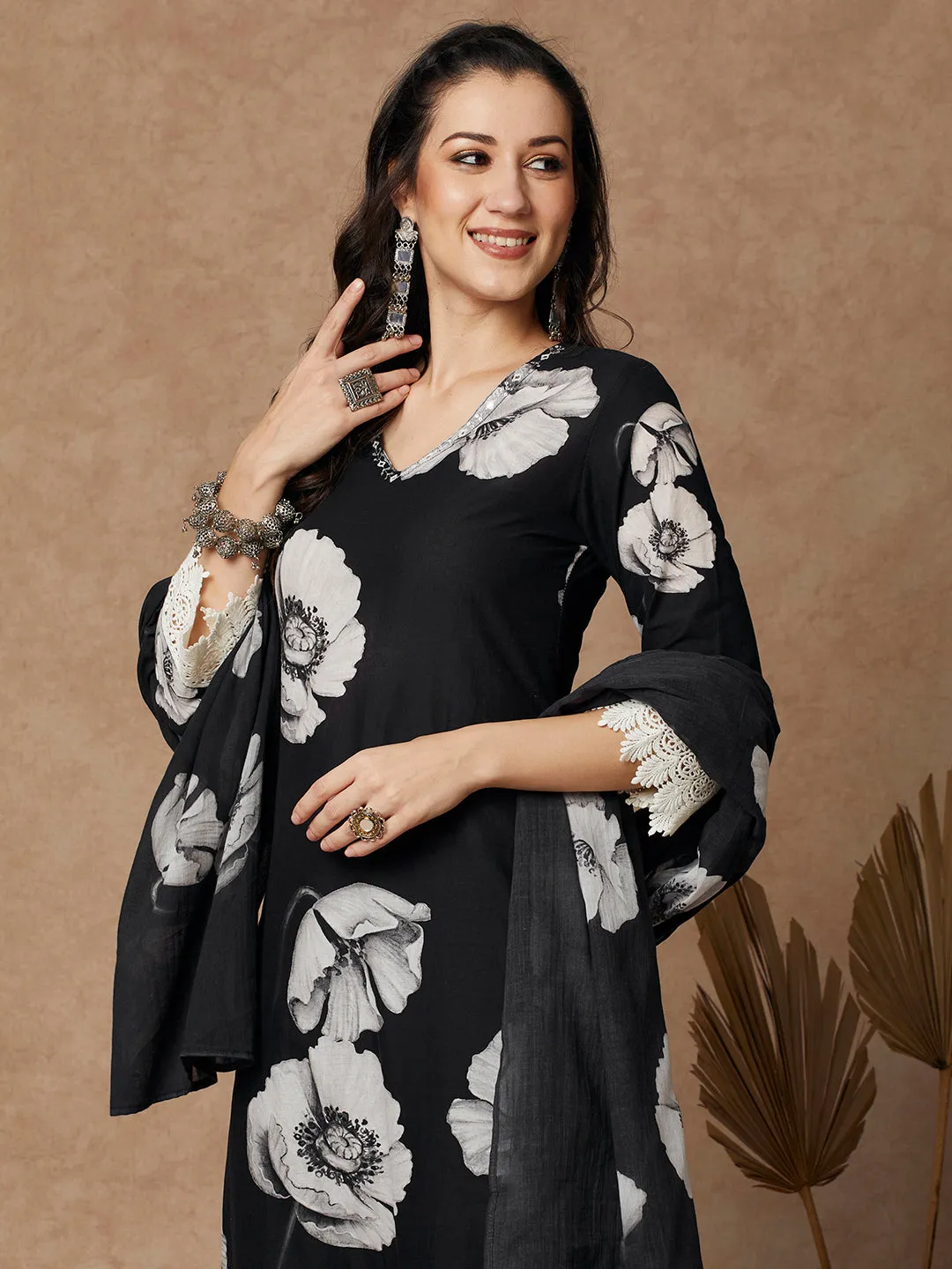 Abstract Floral Printed Straight Fit Kurta with Pant & Dupatta - Black