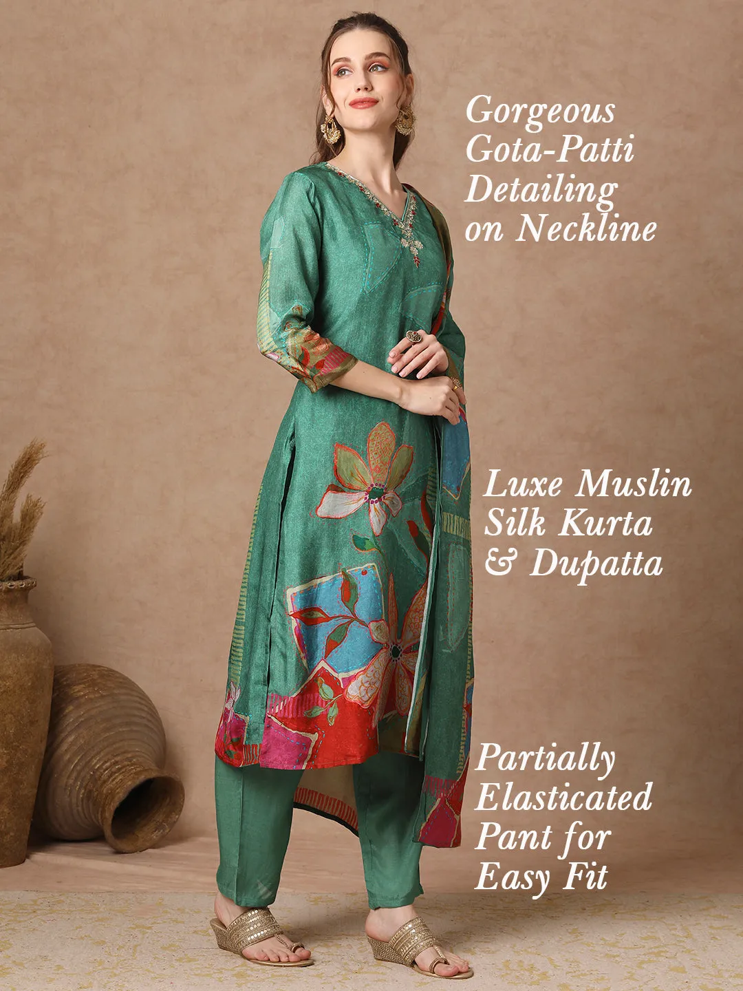 Abstract Floral Printed Straight Kurta with Pant & Dupatta - Green
