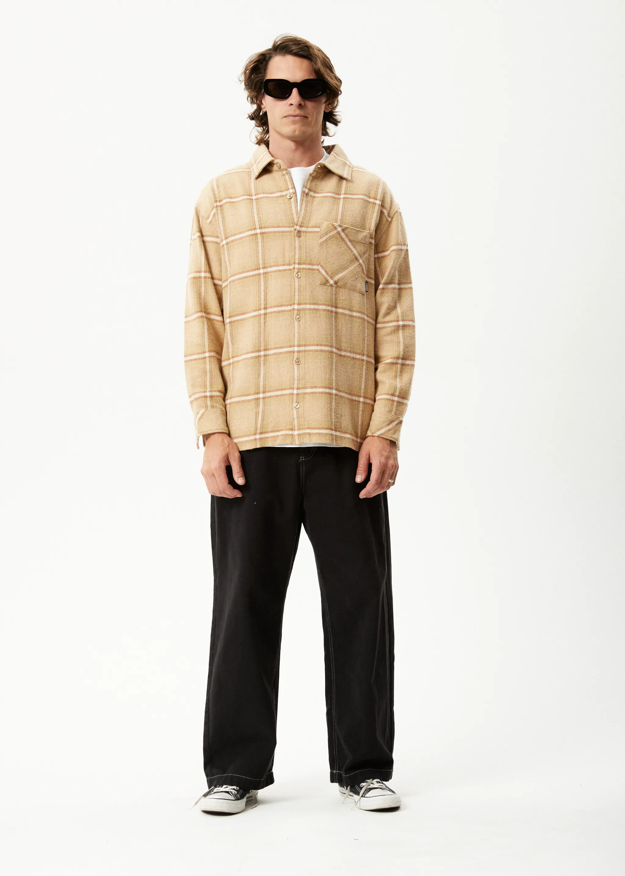AFENDS Mens Sandstorm - Flannel Long Sleeve Shirt - Camel Check