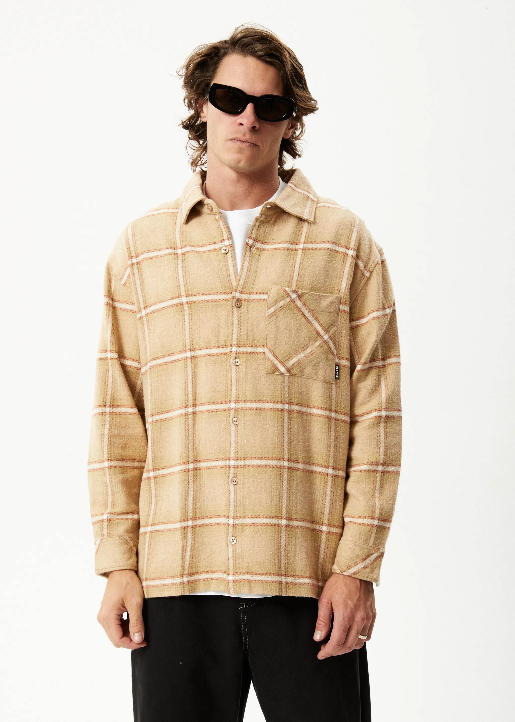 AFENDS Mens Sandstorm - Flannel Long Sleeve Shirt - Camel Check