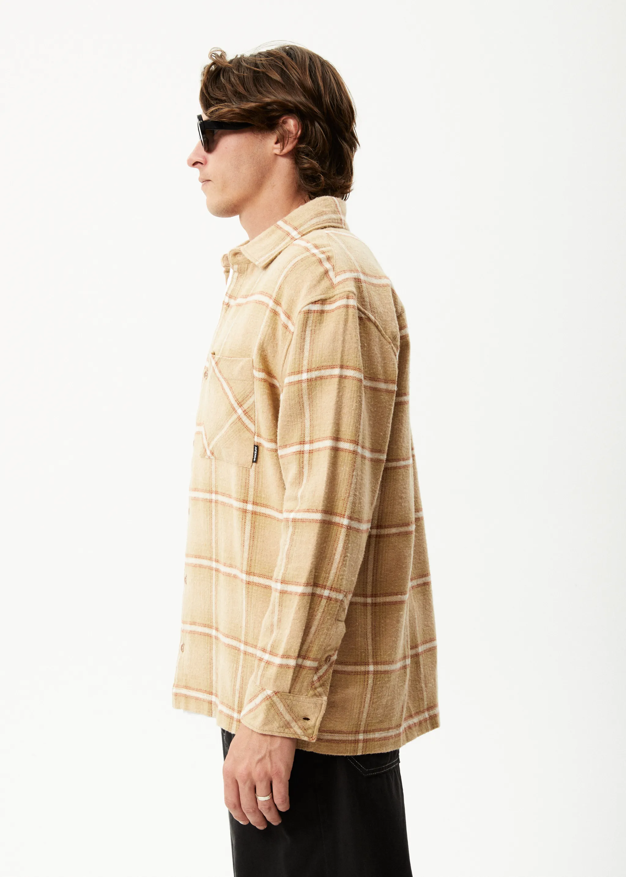 AFENDS Mens Sandstorm - Flannel Long Sleeve Shirt - Camel Check