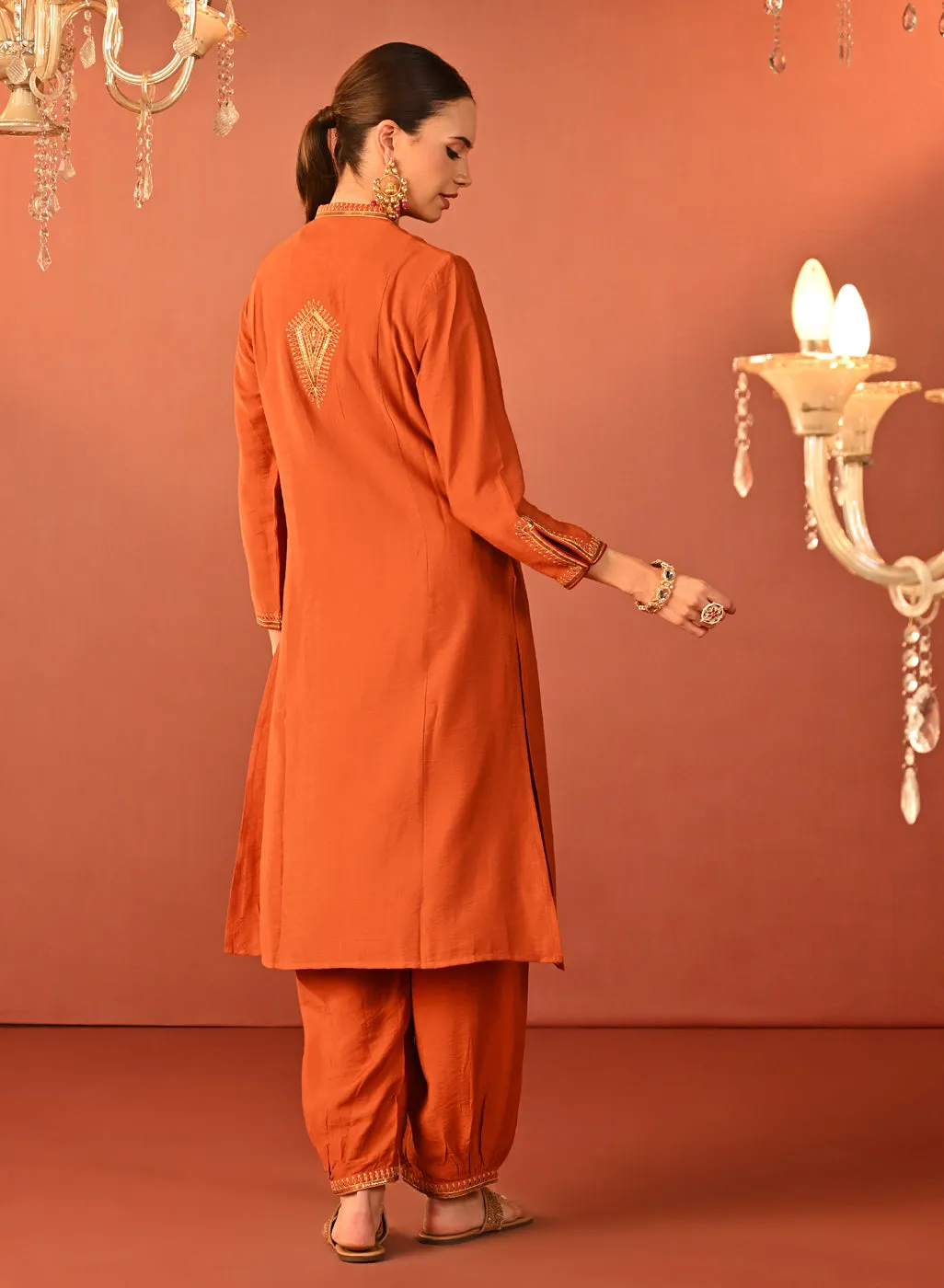 Arshia Chrome Rust Embroidered Rayon Co-ord Set for Women