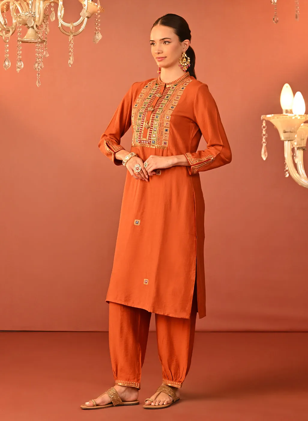 Arshia Chrome Rust Embroidered Rayon Co-ord Set for Women