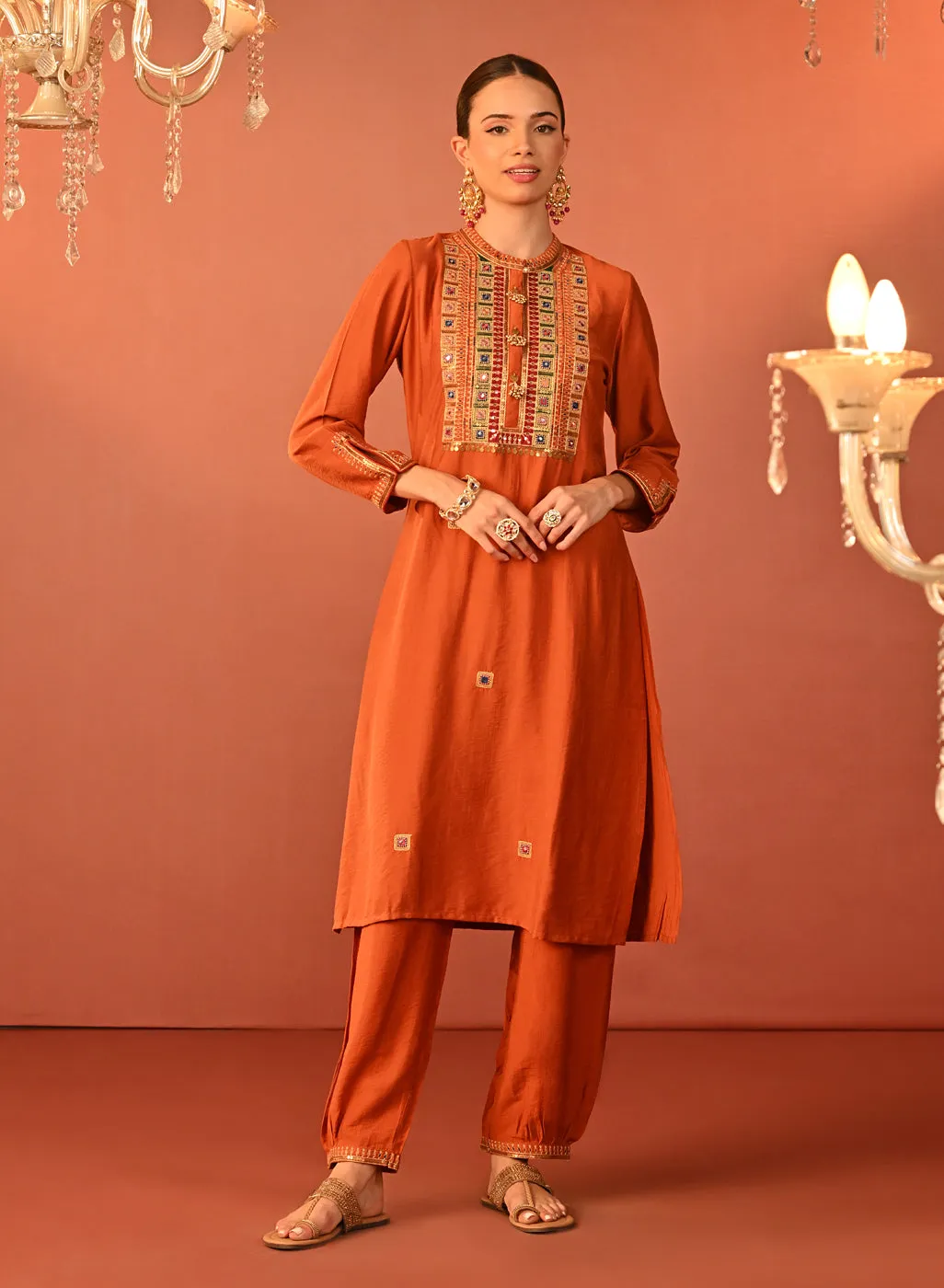 Arshia Chrome Rust Embroidered Rayon Co-ord Set for Women