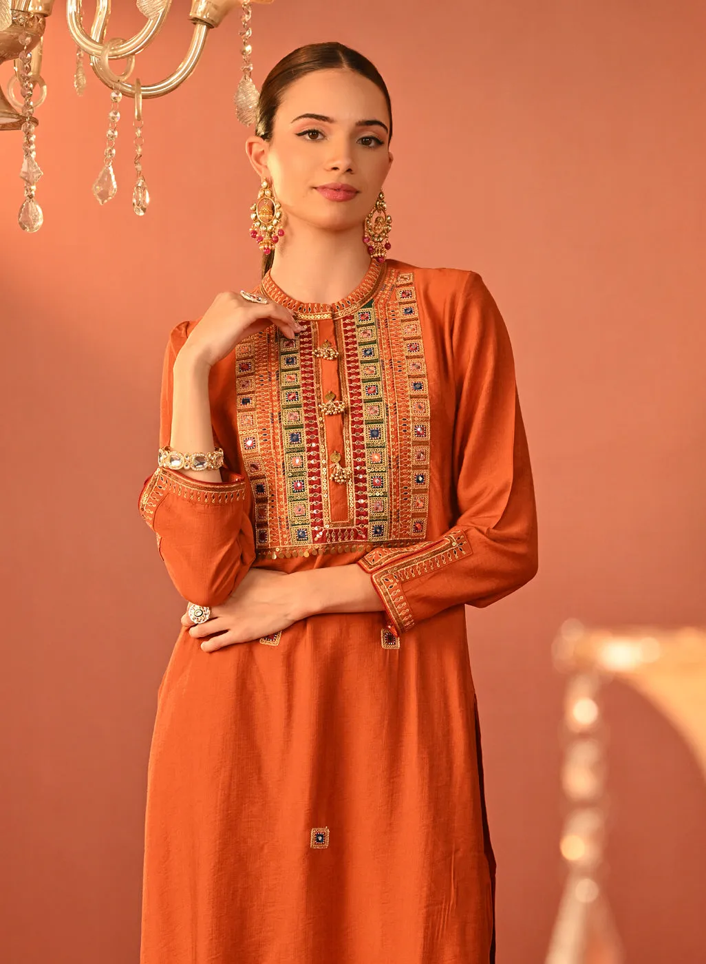 Arshia Chrome Rust Embroidered Rayon Co-ord Set for Women