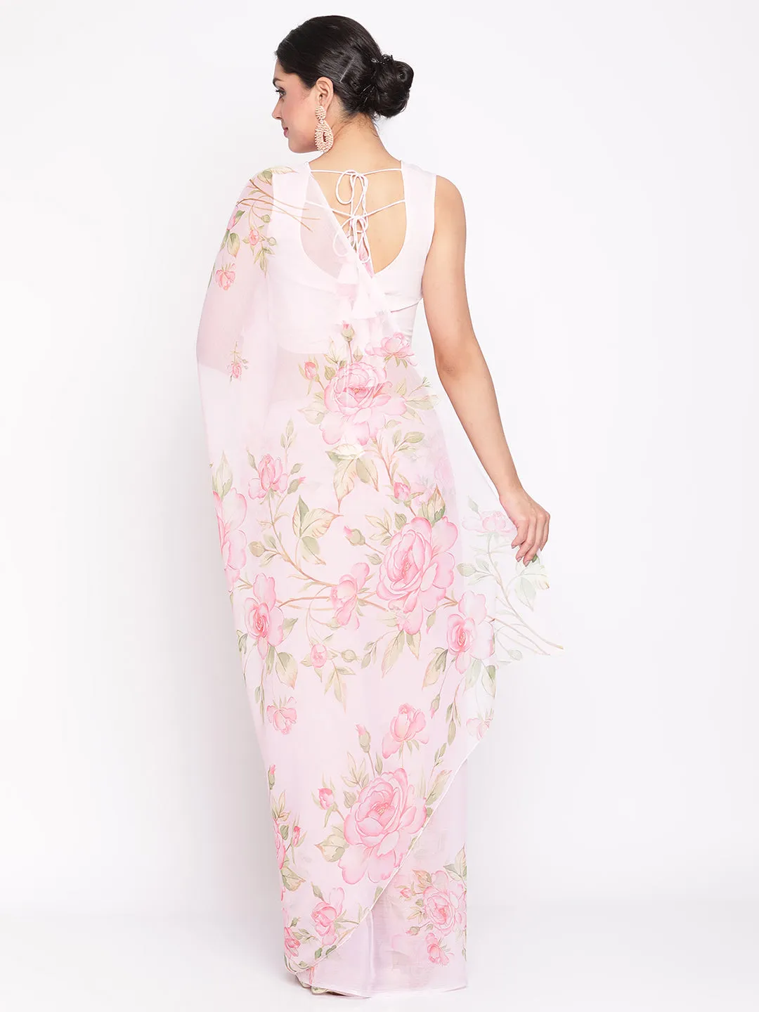 Baby Pink Chiffon Digital Floral Print Saree