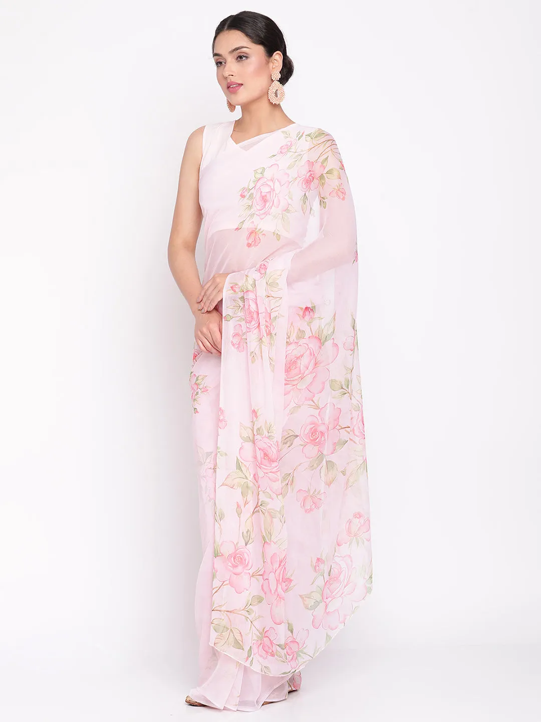 Baby Pink Chiffon Digital Floral Print Saree