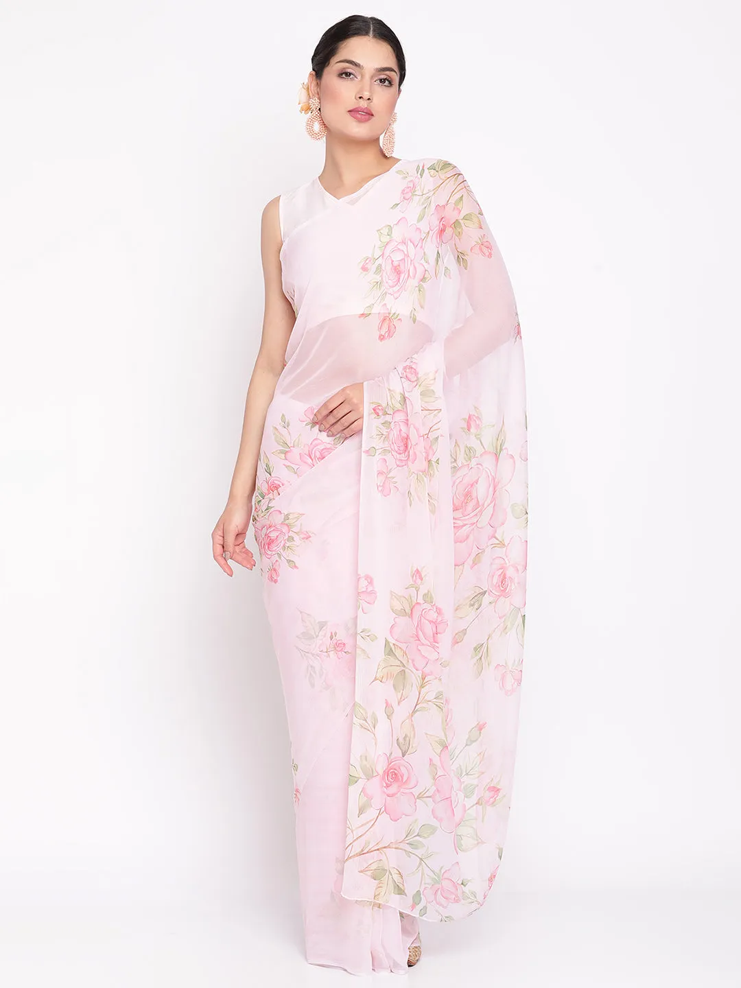 Baby Pink Chiffon Digital Floral Print Saree