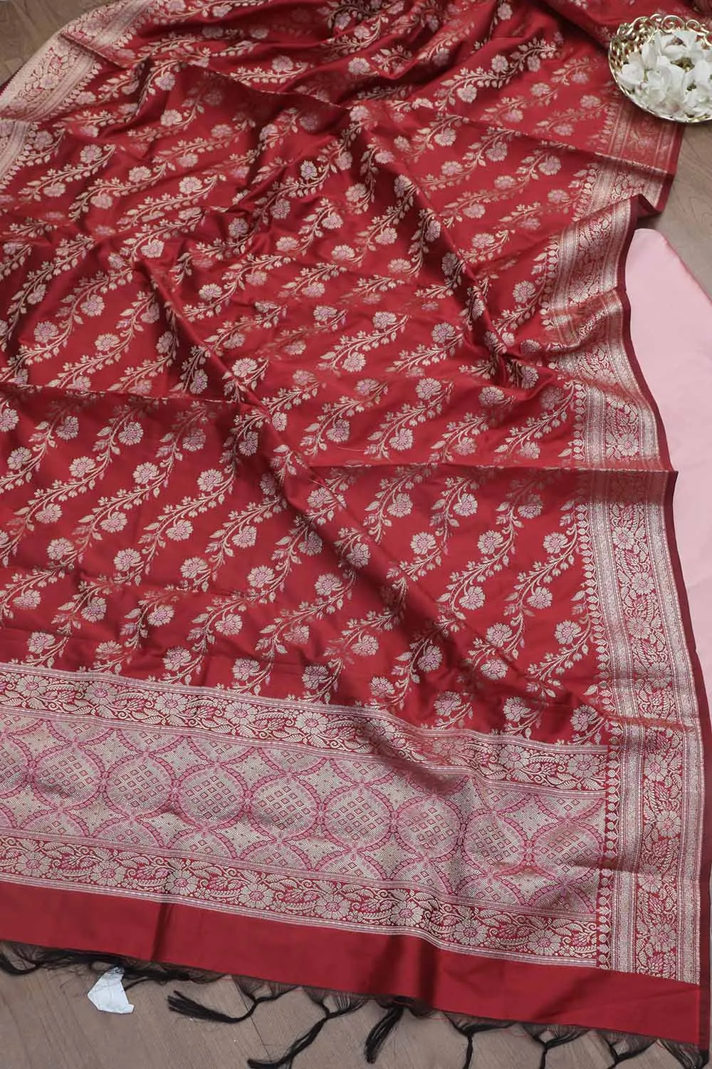 Beautiful Pink Plain Silk Suit With Red Banarasi Silk Meenakari Dupatta