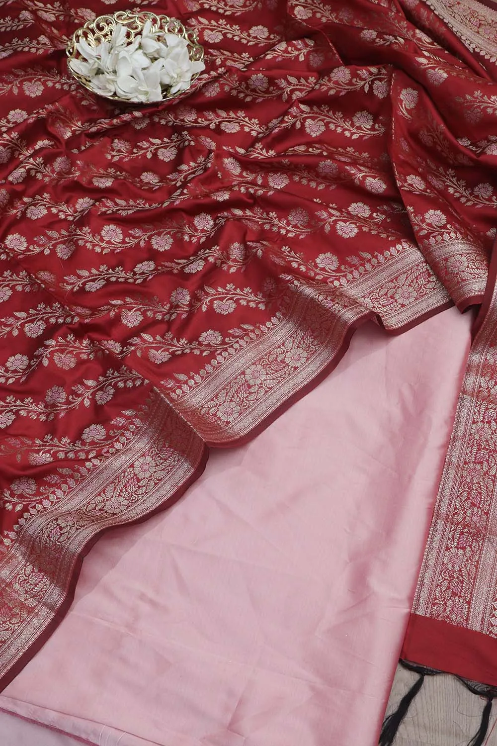 Beautiful Pink Plain Silk Suit With Red Banarasi Silk Meenakari Dupatta