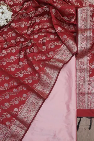 Beautiful Pink Plain Silk Suit With Red Banarasi Silk Meenakari Dupatta