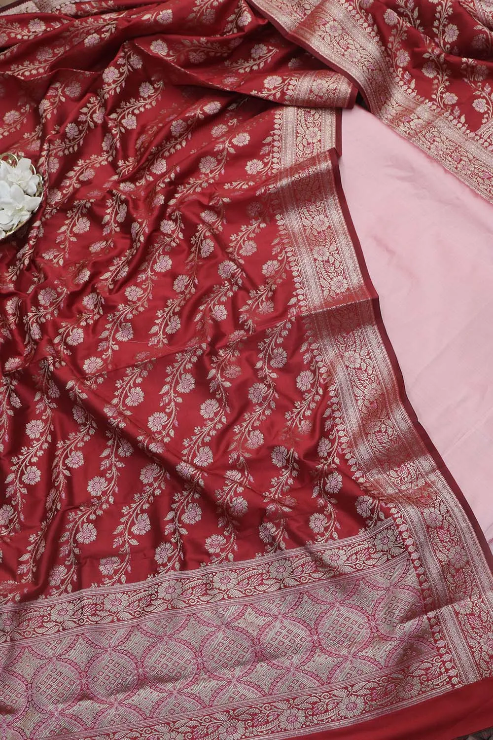 Beautiful Pink Plain Silk Suit With Red Banarasi Silk Meenakari Dupatta
