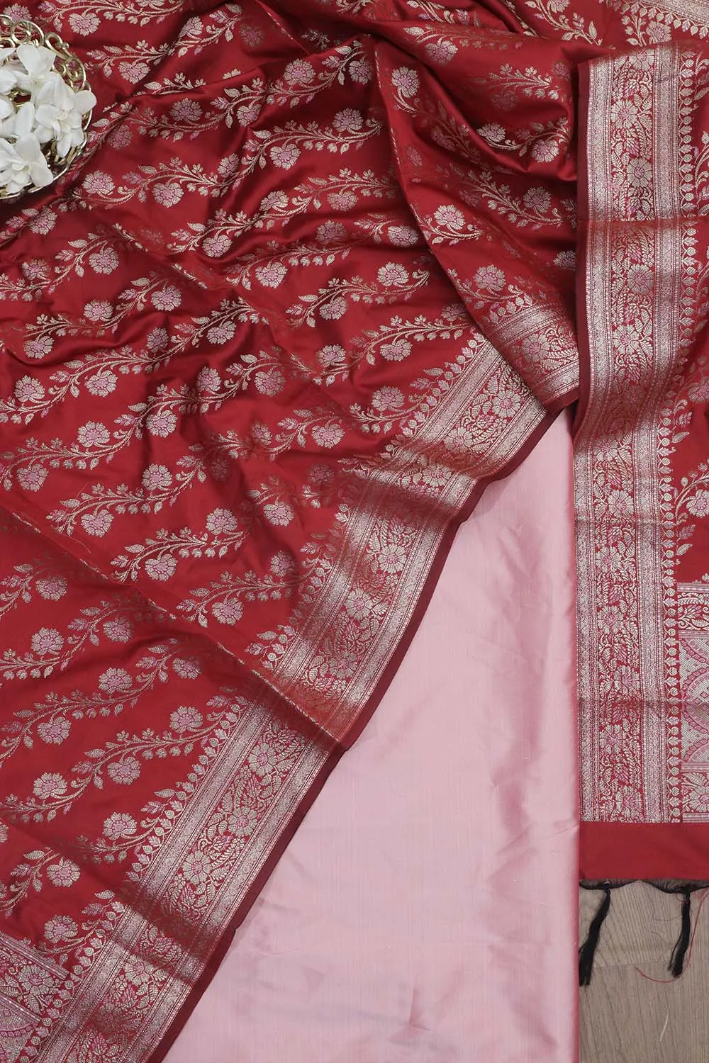 Beautiful Pink Plain Silk Suit With Red Banarasi Silk Meenakari Dupatta