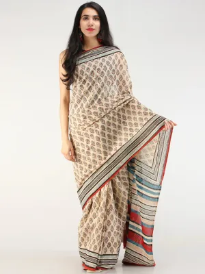 Beige Indigo Rustic Hand Block Printed  Cotton Mul Saree - s031704540