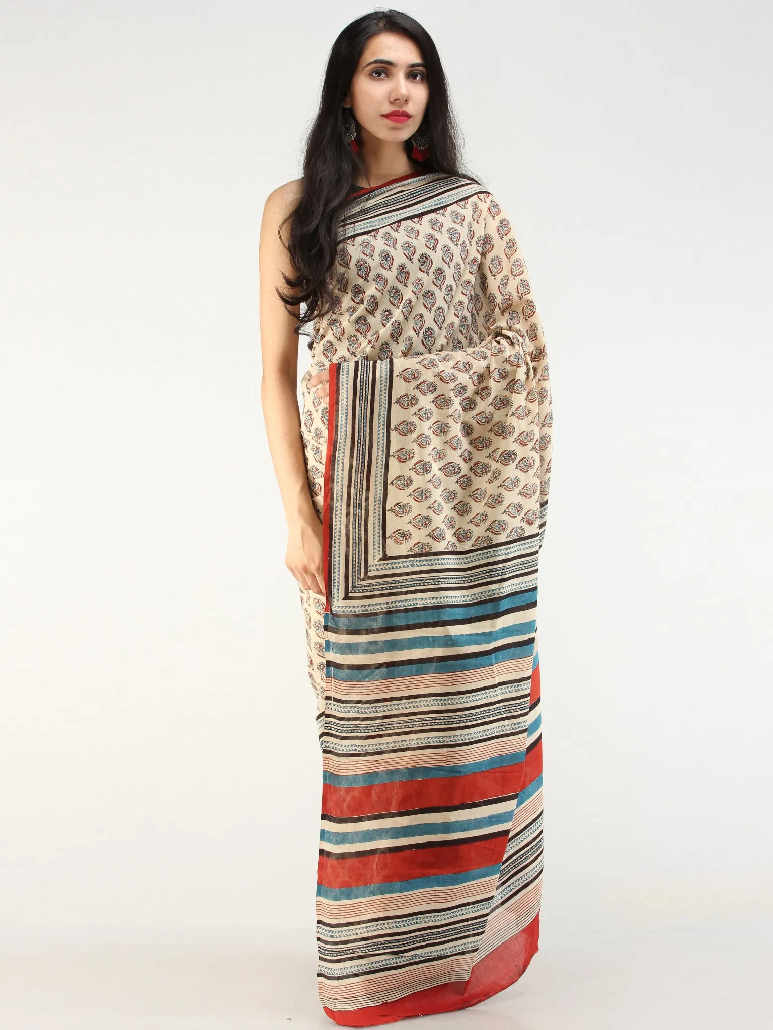 Beige Indigo Rustic Hand Block Printed  Cotton Mul Saree - s031704540