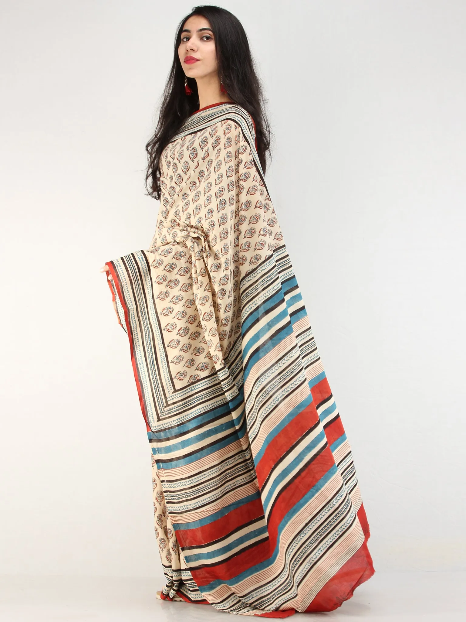 Beige Indigo Rustic Hand Block Printed  Cotton Mul Saree - s031704540