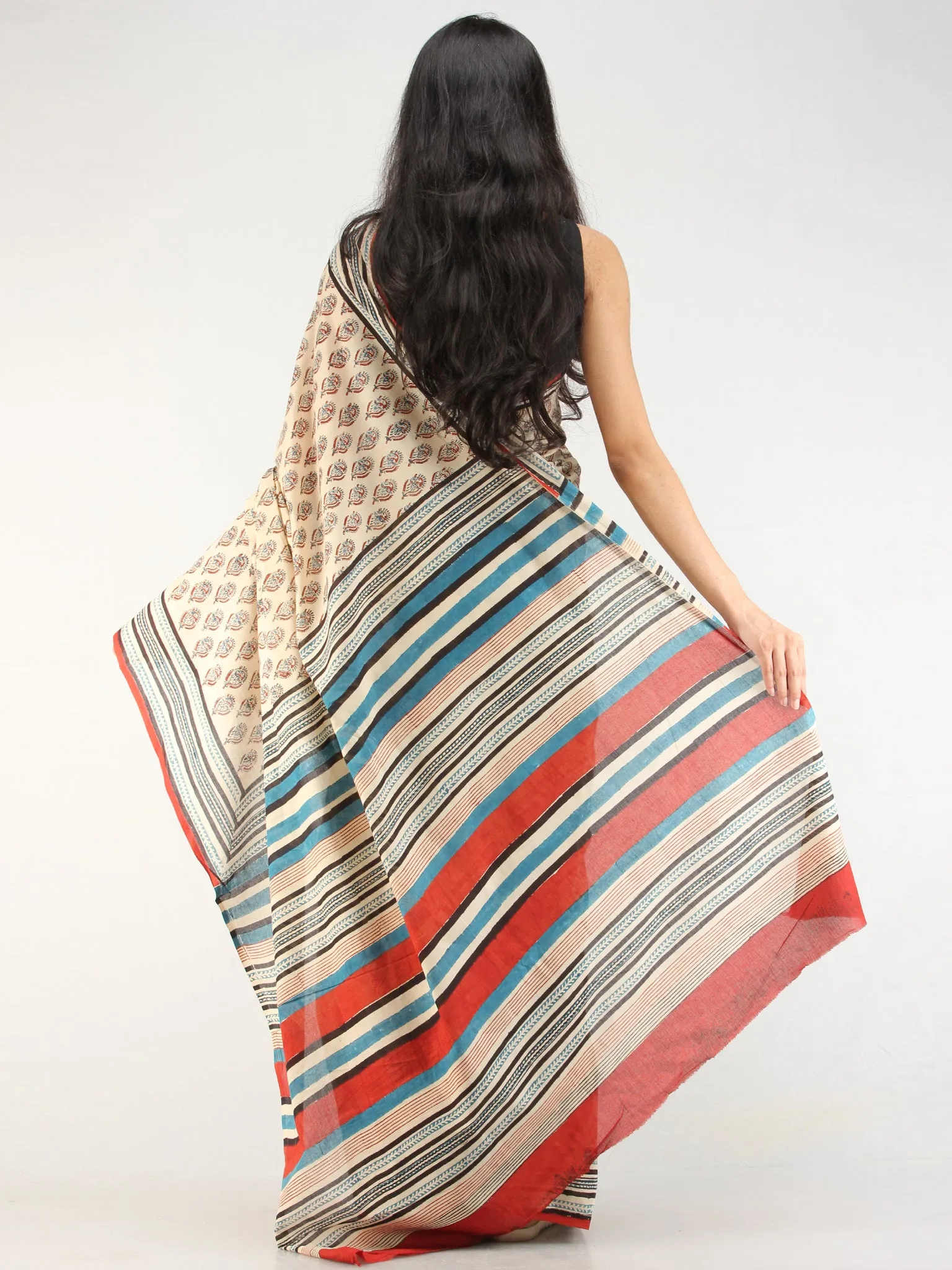 Beige Indigo Rustic Hand Block Printed  Cotton Mul Saree - s031704540