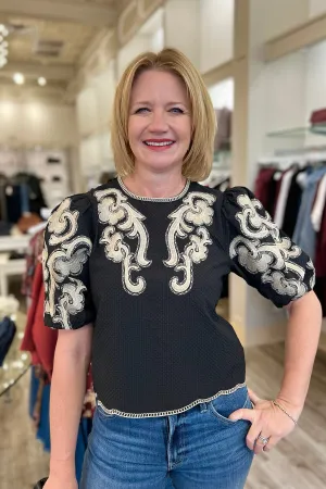Black Embroidered Puff Sleeve Textured Top