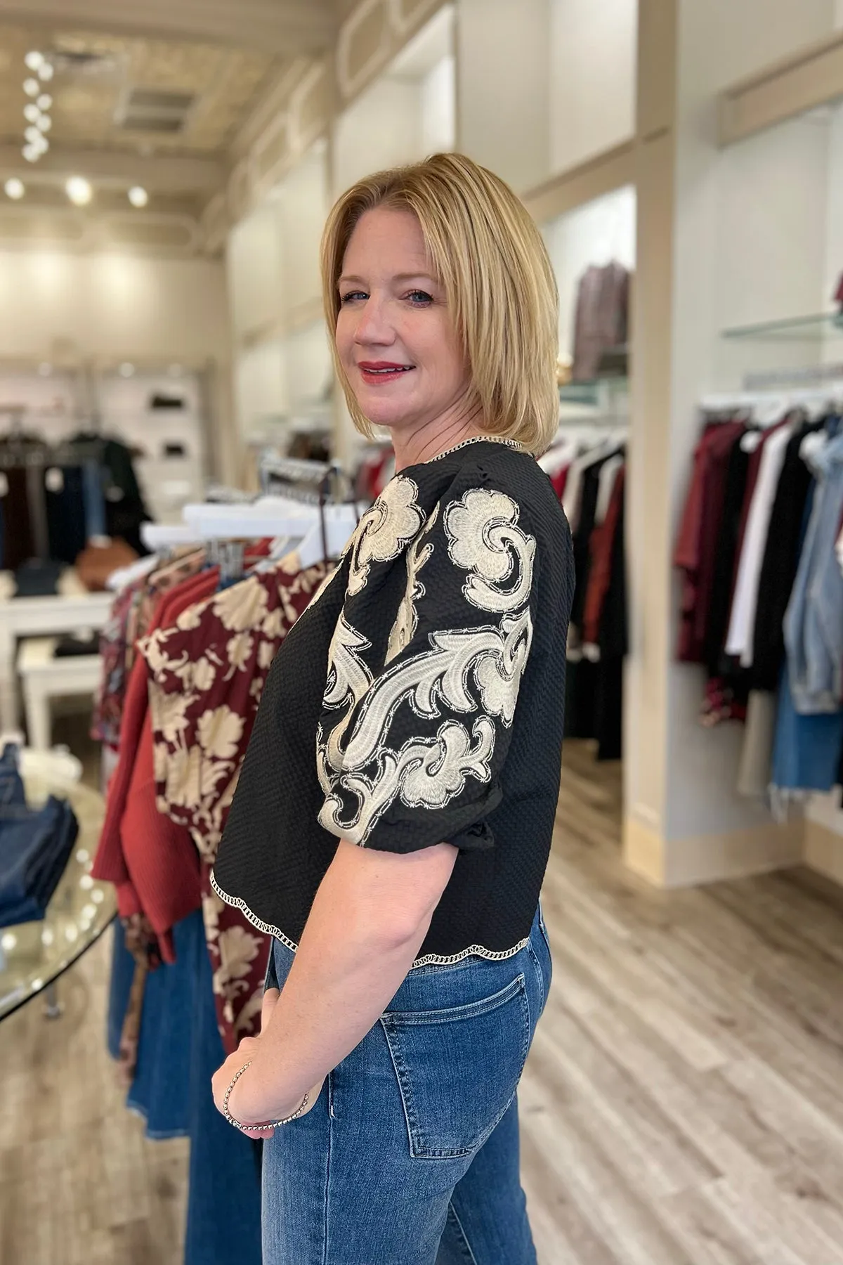 Black Embroidered Puff Sleeve Textured Top