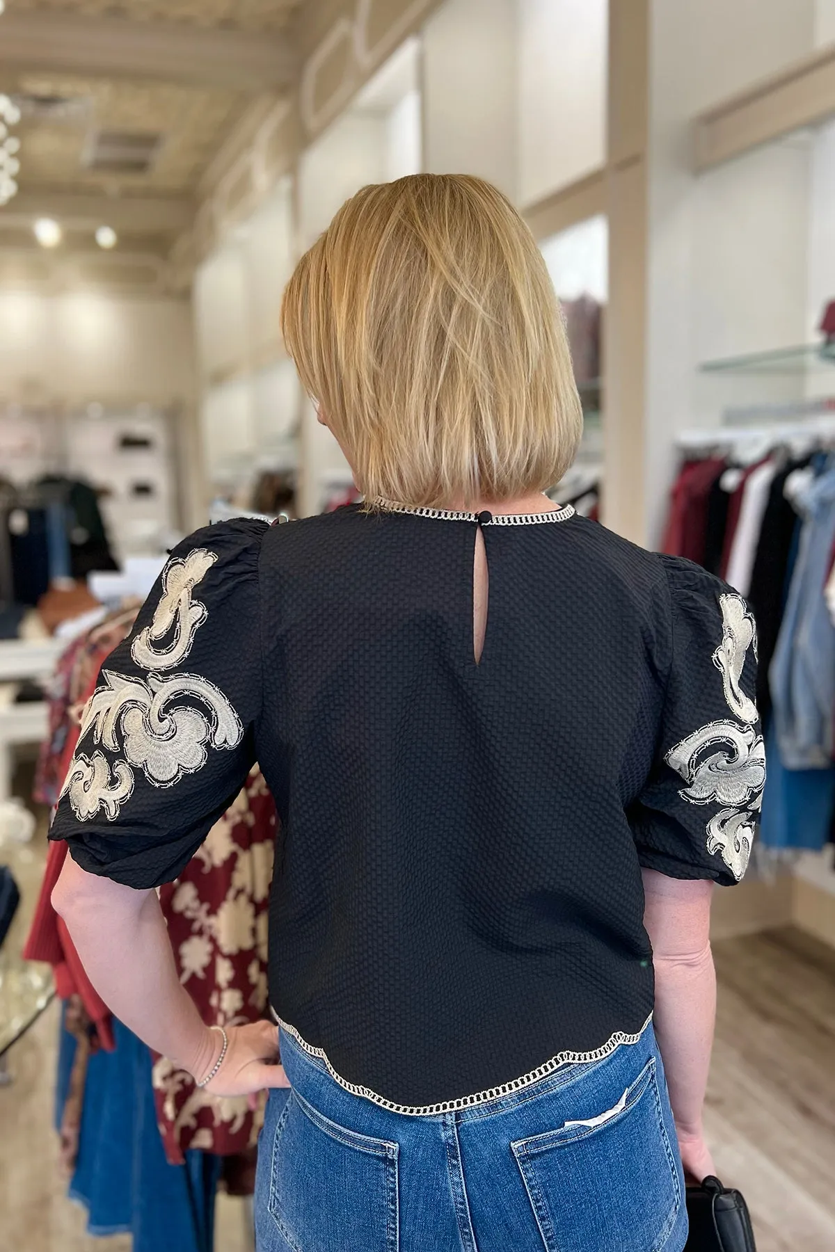 Black Embroidered Puff Sleeve Textured Top