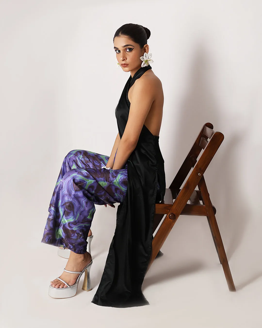 Black Long Drape Halter Silk Top