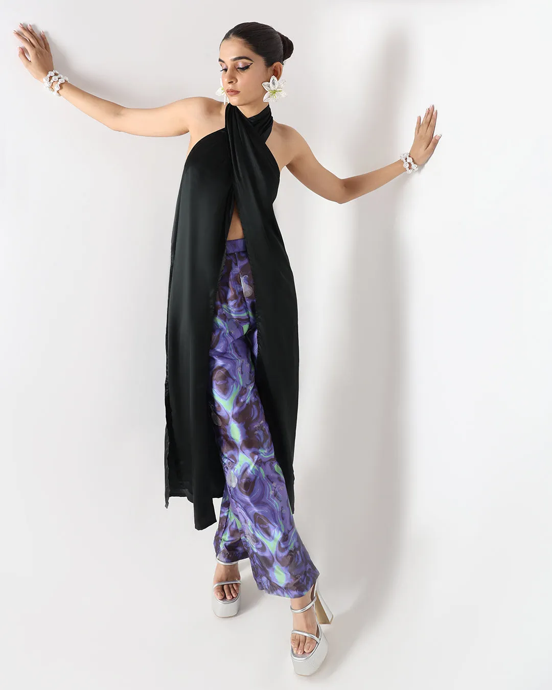 Black Long Drape Halter Silk Top