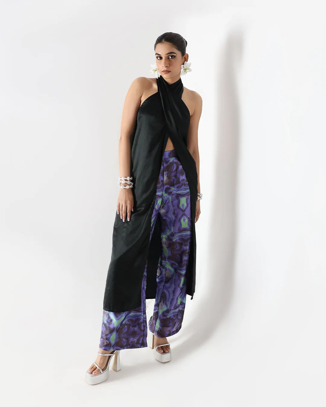 Black Long Drape Halter Silk Top