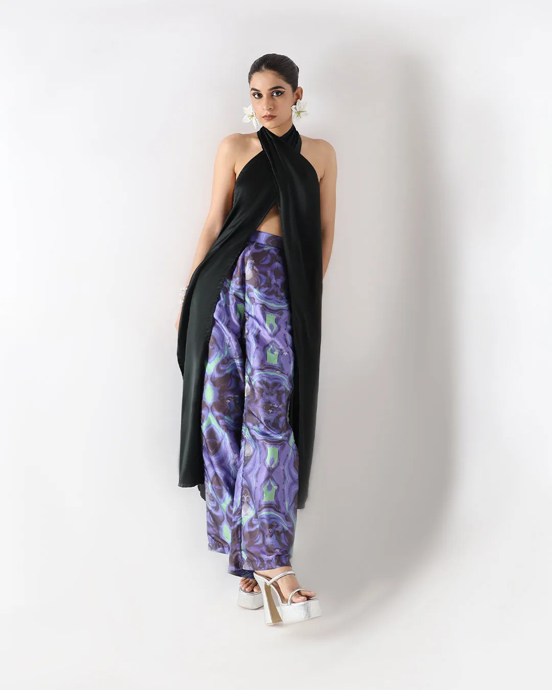 Black Long Drape Halter Silk Top