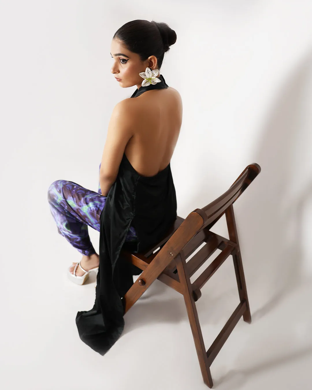 Black Long Drape Halter Silk Top